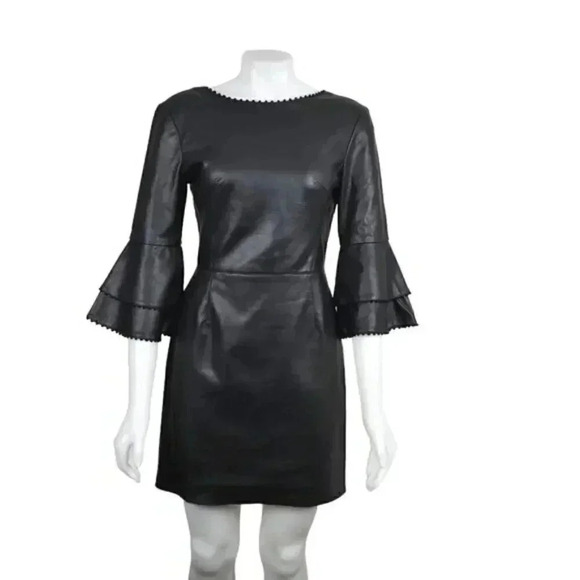 Zara Black Faux Leather Ruffle Sleeves Dress Bell Sleeve Size  Medium - Picture 7 of 15